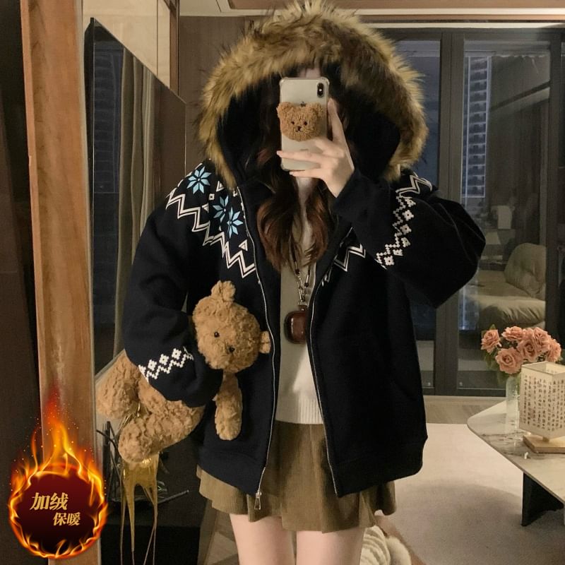 Furry Trim Hooded Pattern Zip-Up Jacket