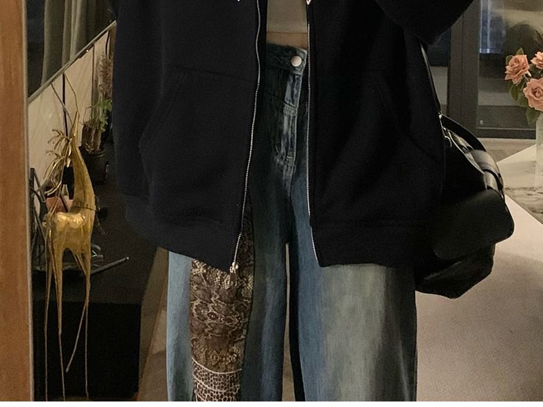 Furry Trim Hooded Pattern Zip-Up Jacket