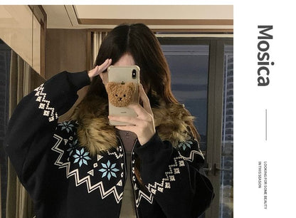 Furry Trim Hooded Pattern Zip-Up Jacket