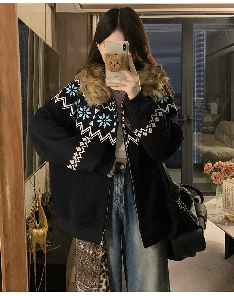 Furry Trim Hooded Pattern Zip-Up Jacket