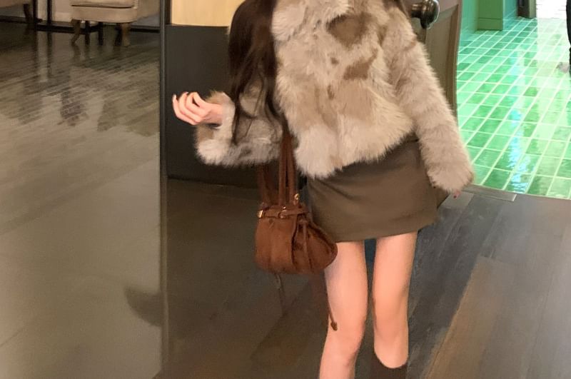 Collared Plain Fluffy Jacket / High Waist Belted Mini Pencil Skirt