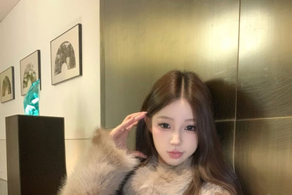 Collared Plain Fluffy Jacket / High Waist Belted Mini Pencil Skirt