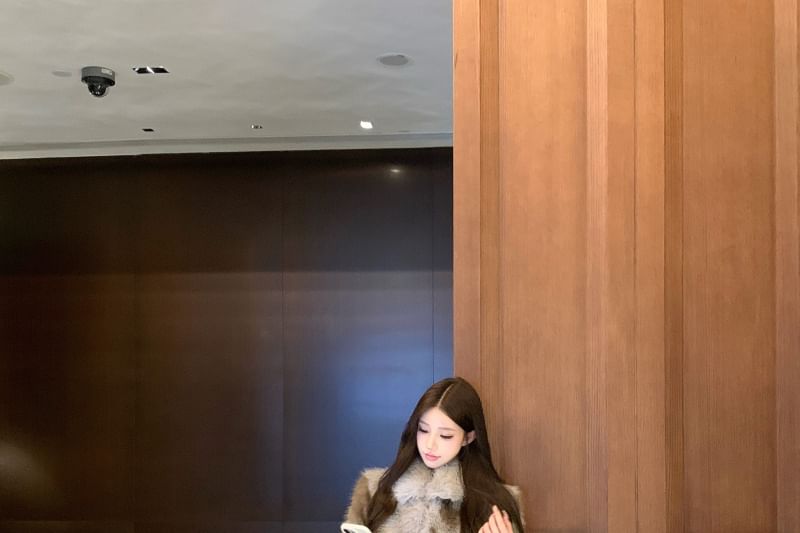 Collared Plain Fluffy Jacket / High Waist Belted Mini Pencil Skirt