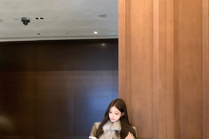 Collared Plain Fluffy Jacket / High Waist Belted Mini Pencil Skirt