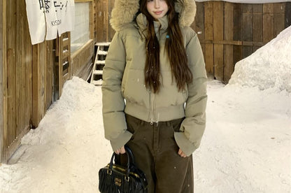 Furry Trim Padded Zip-Up Jacket