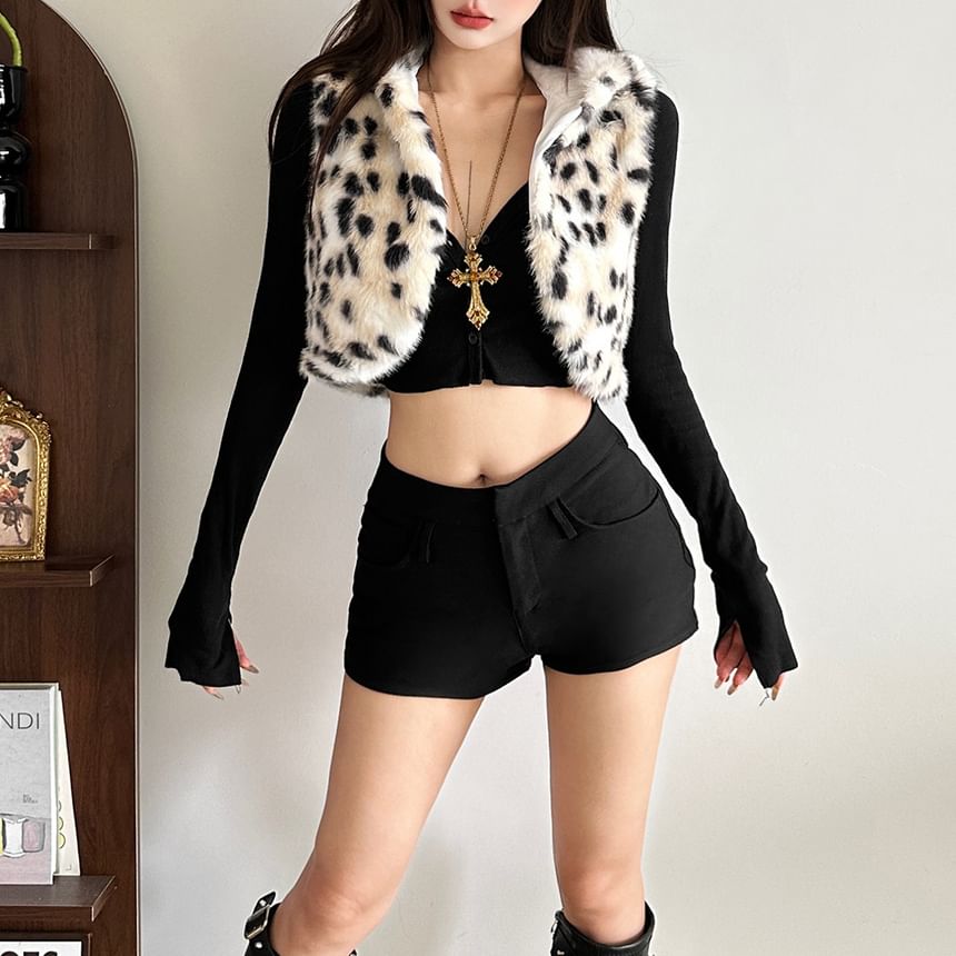 Animal Print Faux Fur Hooded Vest
