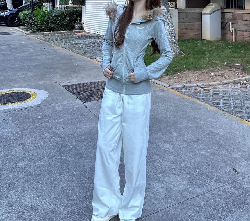 Long Sleeve Plain Faux Fur Trim Zip-Up Jacket