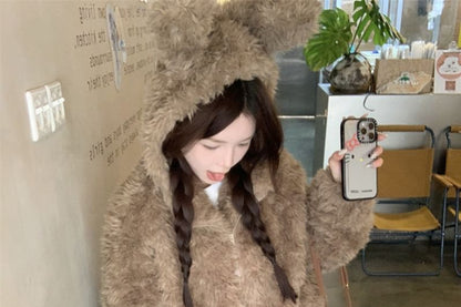 Ear Hooded Plain Fluffy Jacket