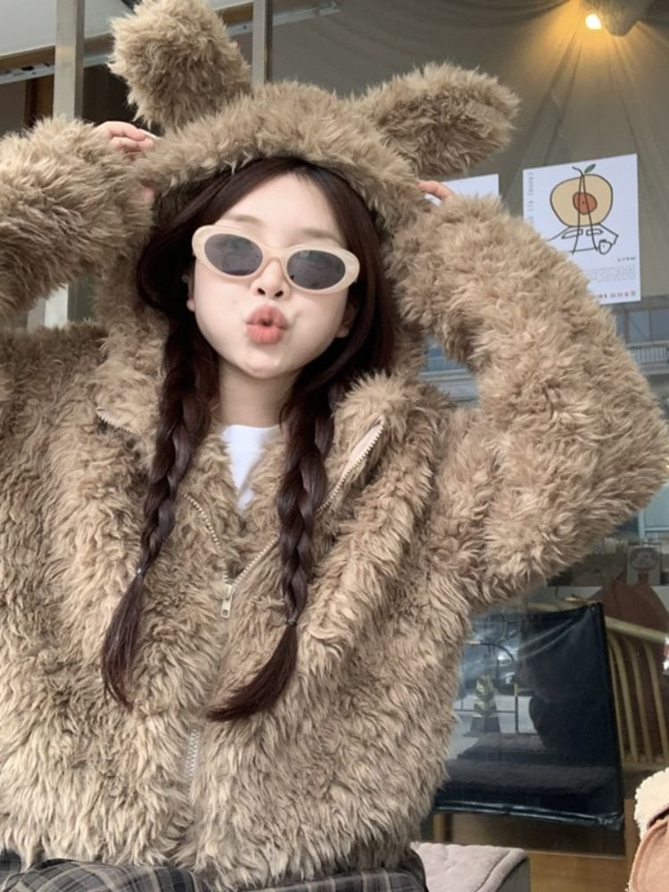 Ear Hooded Plain Fluffy Jacket