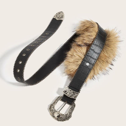 Faux Fur Floral Buckled Faux Leather Belt