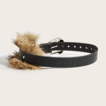 Faux Fur Floral Buckled Faux Leather Belt