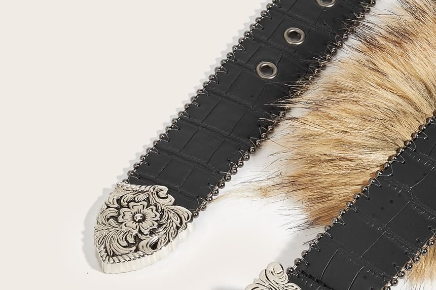 Faux Fur Floral Buckled Faux Leather Belt