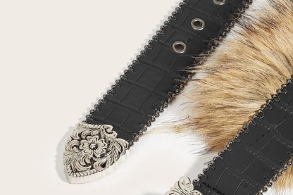 Faux Fur Floral Buckled Faux Leather Belt