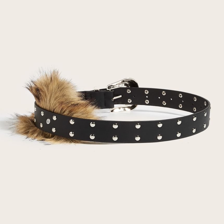 Faux Fur Studded Faux Leather Belt