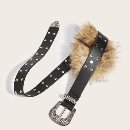Faux Fur Studded Faux Leather Belt