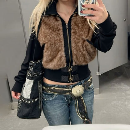 Stand Collar Panel Faux Fur Zip Buckle Jacket