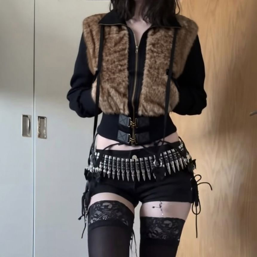 Stand Collar Panel Faux Fur Zip Buckle Jacket