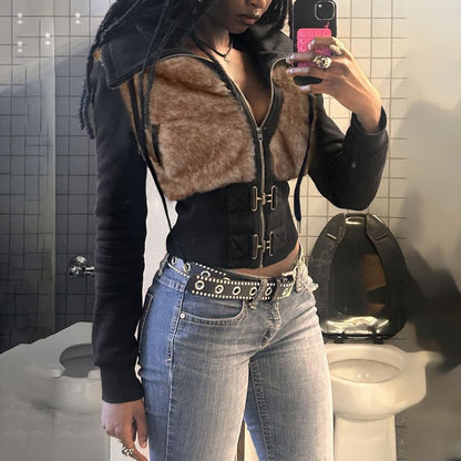 Stand Collar Panel Faux Fur Zip Buckle Jacket