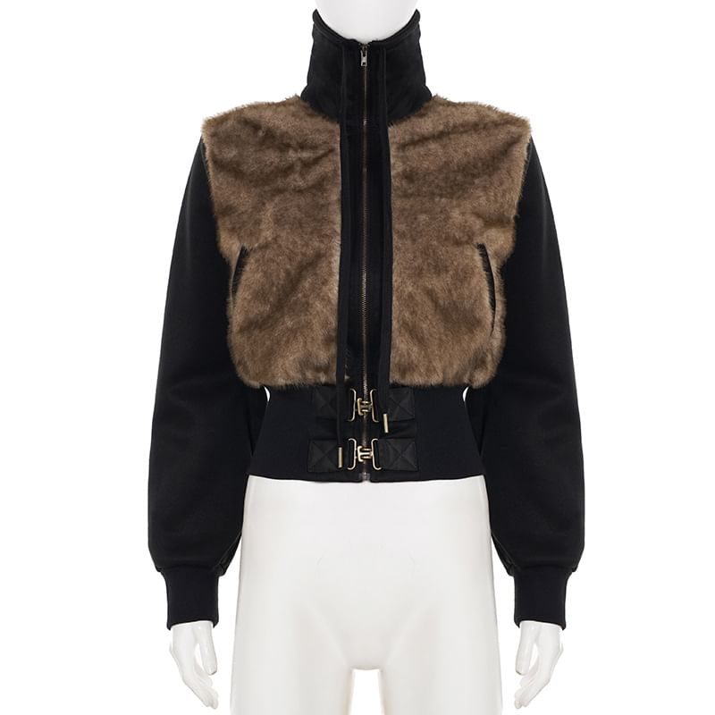 Stand Collar Panel Faux Fur Zip Buckle Jacket