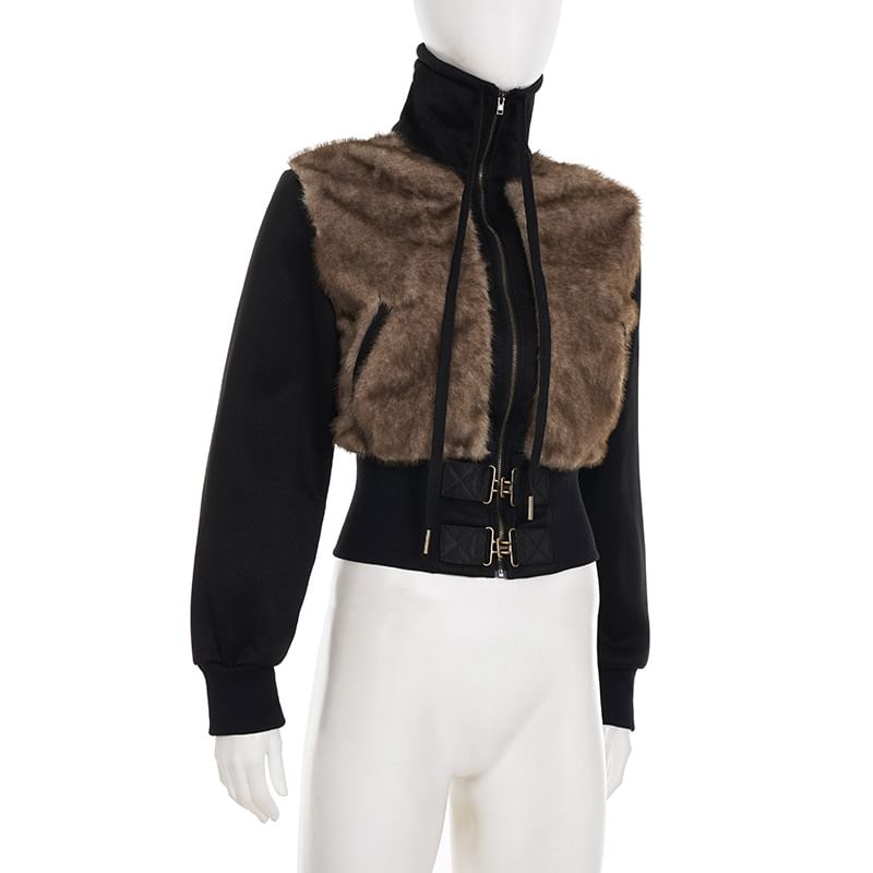 Stand Collar Panel Faux Fur Zip Buckle Jacket