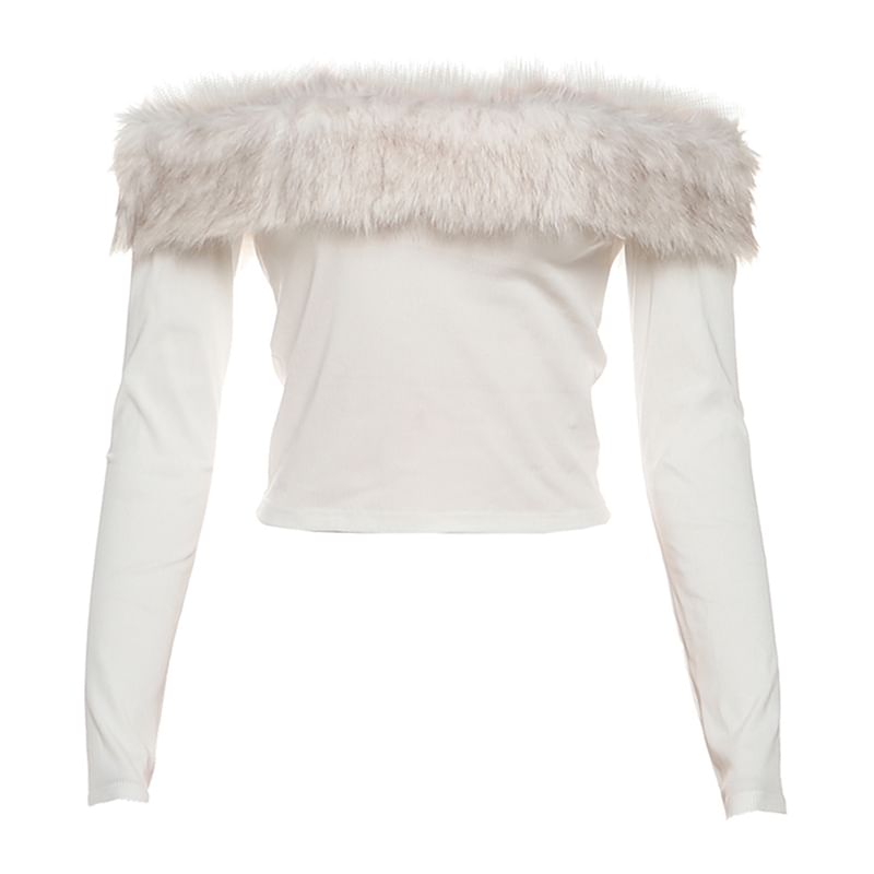 Long Sleeve Off Shoulder Panel Faux Fur Top