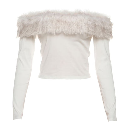 Long Sleeve Off Shoulder Panel Faux Fur Top