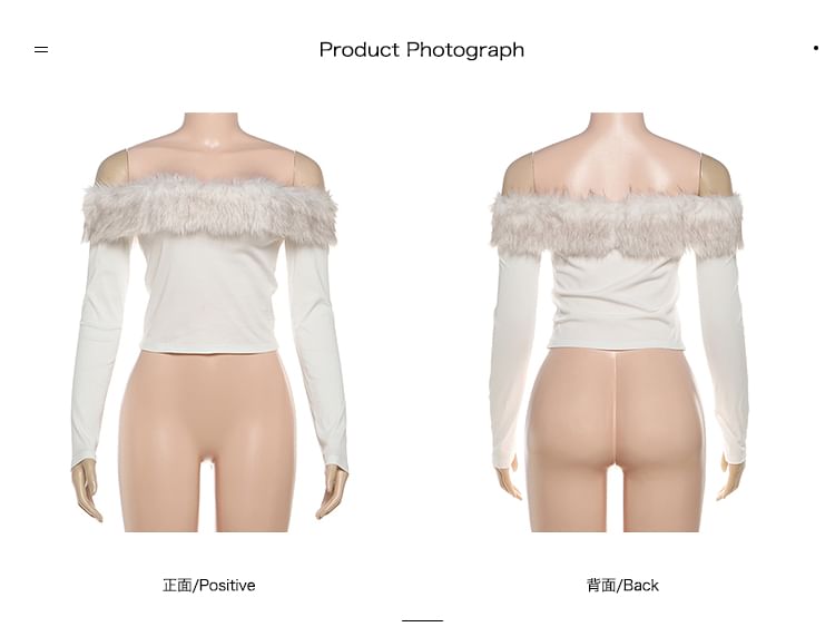 Long Sleeve Off Shoulder Panel Faux Fur Top