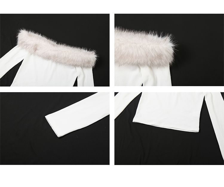 Long Sleeve Off Shoulder Panel Faux Fur Top