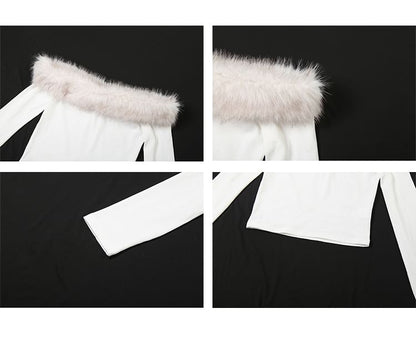 Long Sleeve Off Shoulder Panel Faux Fur Top