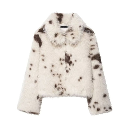 Collared Cow Print Fluffy Jacket