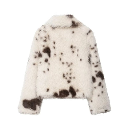 Collared Cow Print Fluffy Jacket