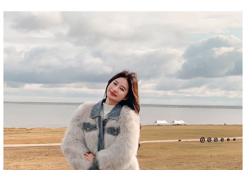 Collared Denim Panel Fluffy Button-Up Jacket