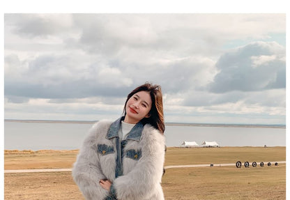 Collared Denim Panel Fluffy Button-Up Jacket