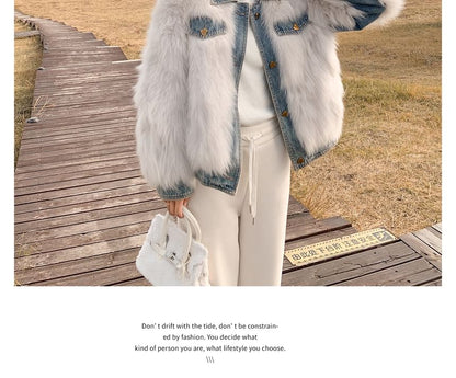 Collared Denim Panel Fluffy Button-Up Jacket