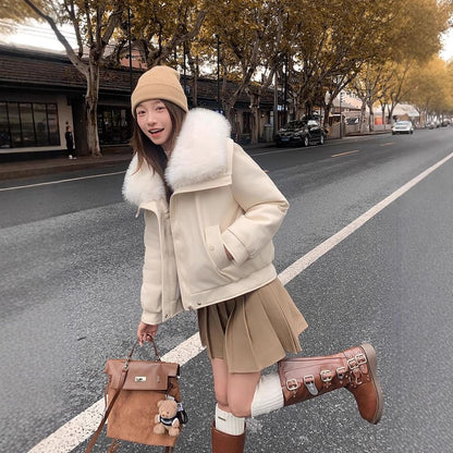 Fluffy Hooded Faux Leather Puffer Jacket