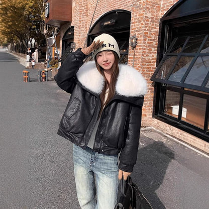 Fluffy Hooded Faux Leather Puffer Jacket