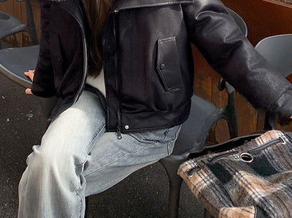 Fluffy Hooded Faux Leather Puffer Jacket