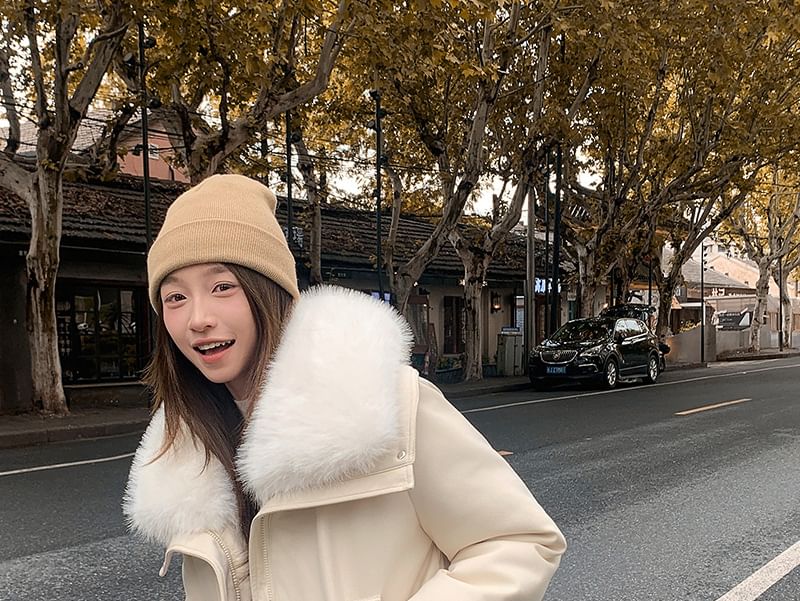 Fluffy Hooded Faux Leather Puffer Jacket