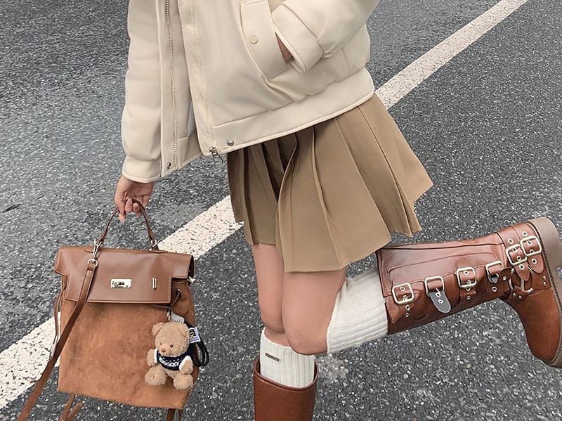 Fluffy Hooded Faux Leather Puffer Jacket