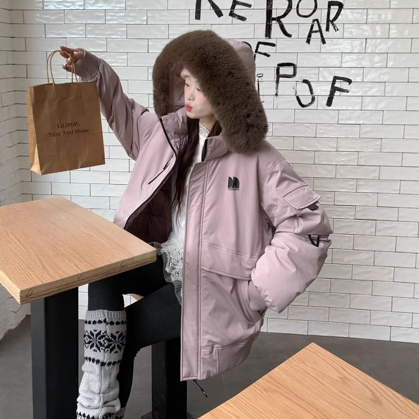 Fluffy Hooded Plain Puffer Jacket