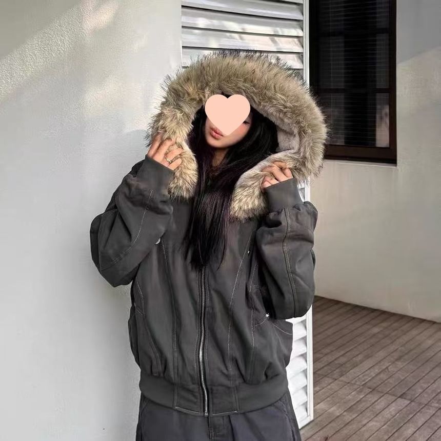 Fluffy Hooded Plain Bomber Jacket