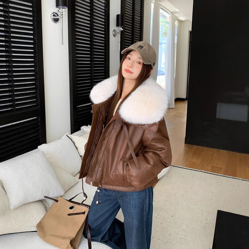 Faux Fur Collar Faux Leather Zip Puffer Jacket