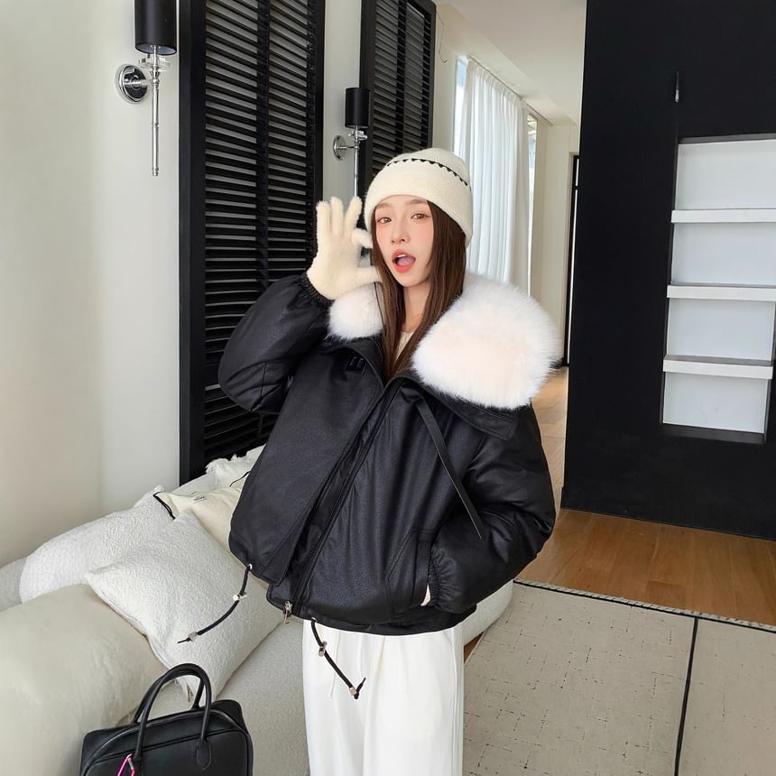 Faux Fur Collar Faux Leather Zip Puffer Jacket