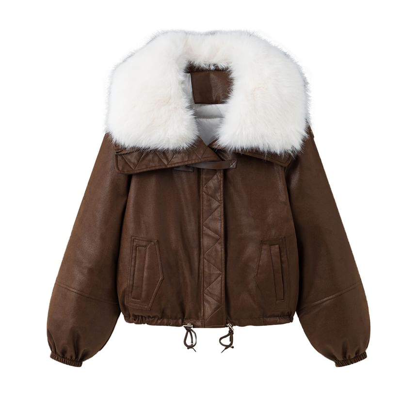 Faux Fur Collar Faux Leather Zip Puffer Jacket