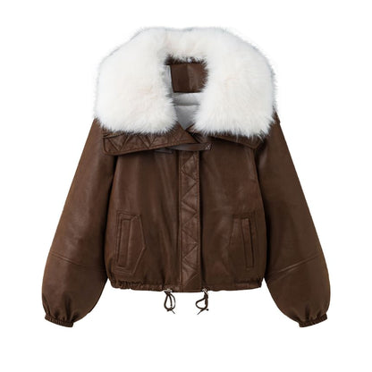 Faux Fur Collar Faux Leather Zip Puffer Jacket