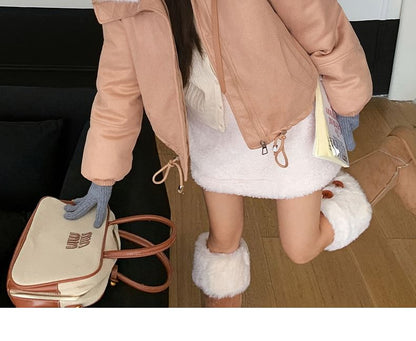 Faux Fur Collar Faux Leather Zip Puffer Jacket