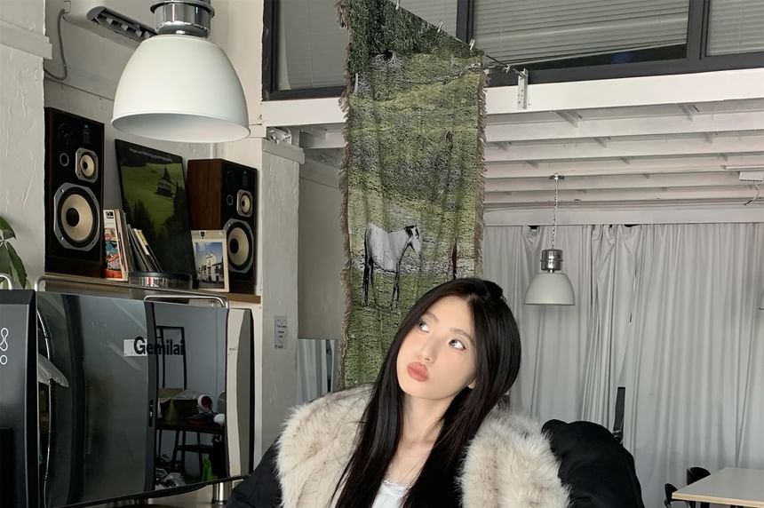 Plain Hooded Two-Way Faux Fur Jacket