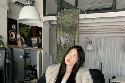 Plain Hooded Two-Way Faux Fur Jacket