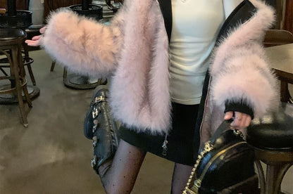 Plain Hooded Two-Way Faux Fur Jacket