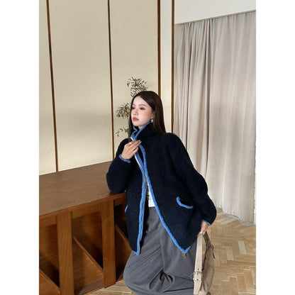 Stand Collar Plain Contrast Trim Fluffy Zip Jacket
